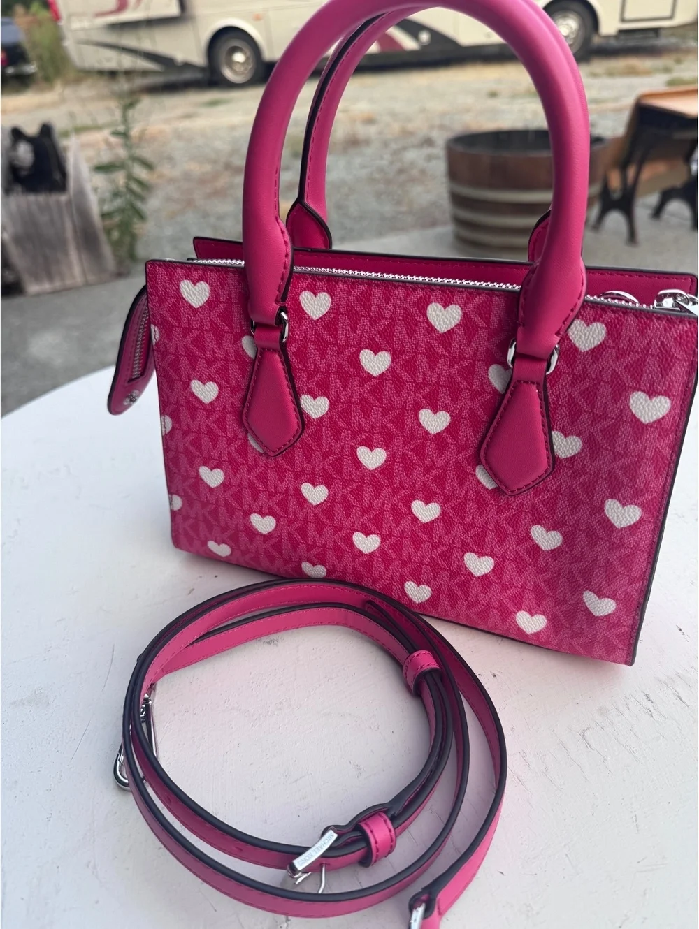 Michael Kors Sheila SM Center Zip Satchel Pink Heart Valentine Crossbody Bag